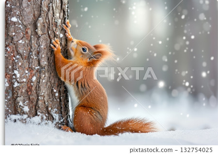 A winter squirrel forages for food on a tree branch during the cold season s chill 132754025