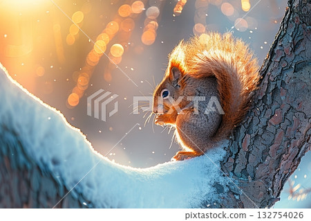 A winter squirrel forages for food on a tree branch during the cold season in search of sustenance A winter squirrel forages for food on a tree branch during the cold season in search of sustenance 132754026
