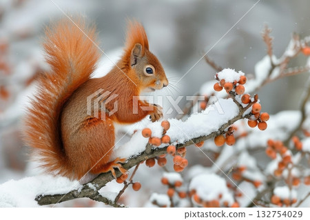 Winter squirrel foraging for food on a tree branch during the cold season in nature 132754029