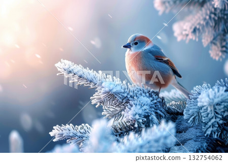 Female chaffinch perched on snow covered branch in a winter landscape close up view Female chaffinch perched on snow covered branch in a winter landscape close up view 132754062