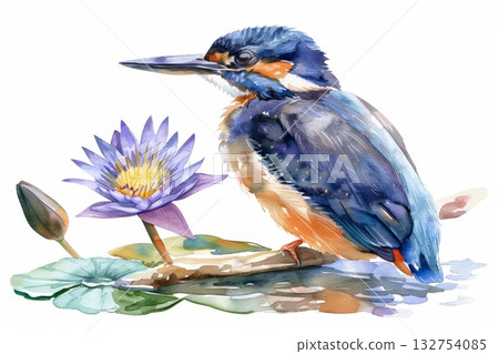 Hand painted illustration of a kingfisher with purple lotus flower and leaves in watercolor style Hand painted illustration of a kingfisher with purple lotus flower and leaves in watercolor style 132754085