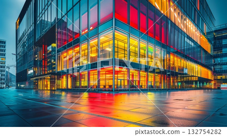 Modern Office Building Exterior With Colorful Reflections In Windows At Night. Empty Plaza City Life 132754282