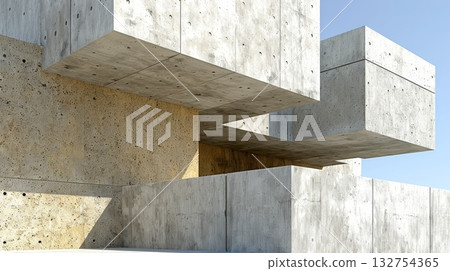 Modern concrete building exterior with geometric shapes and textured walls. Architecture and design. Modern concrete building exterior with geometric shapes and textured walls. Architecture and design. 132754365