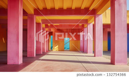 Colorful Corridor with Sunlight and Shadows, Modern Abstract, Pink Yellow, Geometric Design Colorful Corridor with Sunlight and Shadows, Modern Abstract, Pink Yellow, Geometric Design 132754366