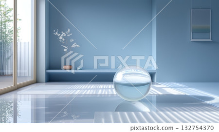Minimalist Interior Design with Glass Globe Sculpture in Serene Blue Room, 3D Rendering 132754370
