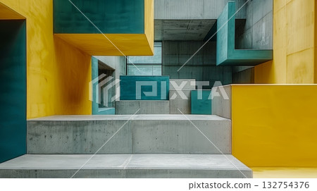 Abstract Geometric Architecture, Yellow and Teal Concrete Shapes, Modern Minimalist Interior Design Abstract Geometric Architecture, Yellow and Teal Concrete Shapes, Modern Minimalist Interior Design 132754376