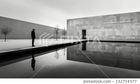 Solitude in Concrete Man Contemplates Modern Architecture and Tranquil Reflection Pool Solitude in Concrete Man Contemplates Modern Architecture and Tranquil Reflection Pool 132754377