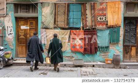 Two Men Walk Past a Vibrant Shopfront with Traditional Rugs Displayed in a Historic City. Two Men Walk Past a Vibrant Shopfront with Traditional Rugs Displayed in a Historic City. 132754379