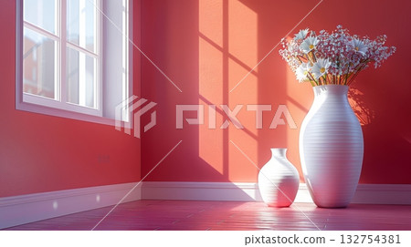 Minimalist Interior with White Vases and Dried Flowers on a Sunny Pink Wall Background Minimalist Interior with White Vases and Dried Flowers on a Sunny Pink Wall Background 132754381