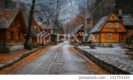 Charming austrian mountain village with traditional wooden homes nestled in scenic nature Charming austrian mountain village with traditional wooden homes nestled in scenic nature 132754383