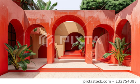 Red Orange Architectural Design, Archways in Tropical Modern Building with Green Plants Red Orange Architectural Design, Archways in Tropical Modern Building with Green Plants 132754393