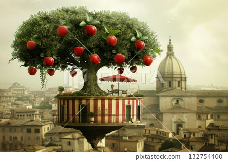 Floating Apple Tree House With Red And White Awning Above Cityscape, Surreal Concept Art 132754400