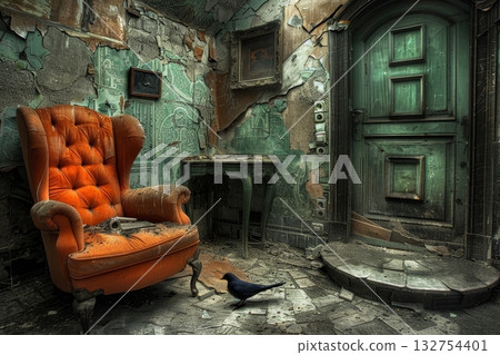 Abandoned Room with Orange Armchair, Forgotten Elegance,. Decay and Time Passing, Vintage Interior 132754401