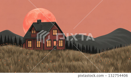 Red House Under Dusk Moon A Tranquil Mountain Landscape with Pine Trees, Hills, Orange Sky. Red House Under Dusk Moon A Tranquil Mountain Landscape with Pine Trees, Hills, Orange Sky. 132754406