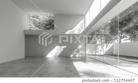 Spacious, Empty Interior Design with Concrete Flooring, Large Windows, and Abundant Natural Light Spacious, Empty Interior Design with Concrete Flooring, Large Windows, and Abundant Natural Light 132754407