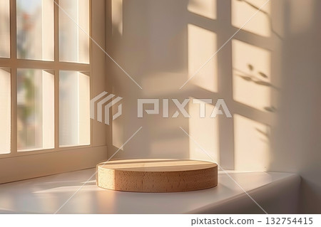 Abstract shadow of a round wooden tabletop cast on a white wall for product mockup presentation Abstract shadow of a round wooden tabletop cast on a white wall for product mockup presentation 132754415