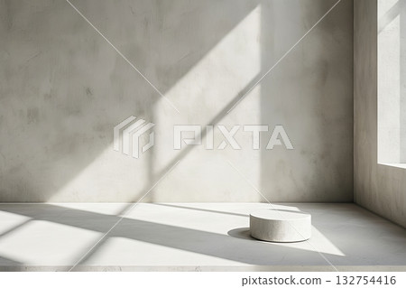 Empty white round podium on concrete floor with window shadow in the room, 3d rendering Empty white round podium on concrete floor with window shadow in the room, 3d rendering 132754416