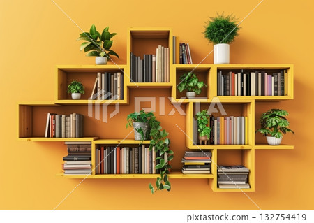 Elegant wooden accents define a cozy reading nook with warm orange walls in 3d design Elegant wooden accents define a cozy reading nook with warm orange walls in 3d design 132754419