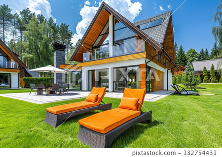 Contemporary home featuring solar panels on the rooftop, bathed in natural sunlight Contemporary home featuring solar panels on the rooftop, bathed in natural sunlight 132754431