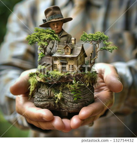 Close-up of a Miniature House in Hand, Showcasing Intricate Craftsmanship and Artistic Detail Close-up of a Miniature House in Hand, Showcasing Intricate Craftsmanship and Artistic Detail 132754432