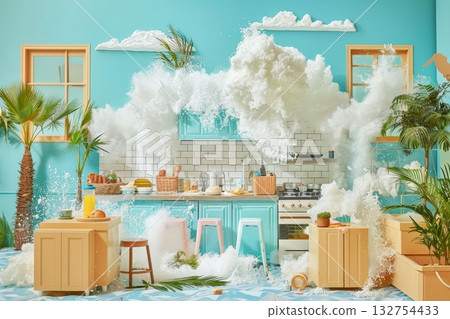 Whimsical Kitchen Decor Makeover Featuring Fluffy Clouds and a Vibrant Tropical Theme Design 132754433