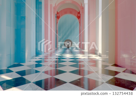 Optical Illusion Corridors with Checkboard Floors and Colorful Geometric Patterns in Fantasy Design Optical Illusion Corridors with Checkboard Floors and Colorful Geometric Patterns in Fantasy Design 132754438