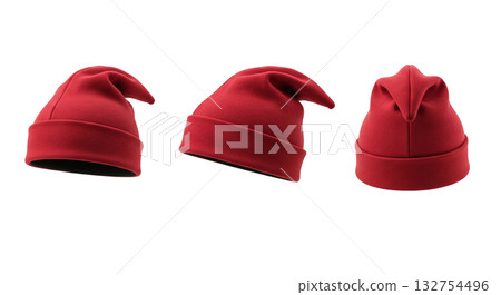 Red gnome or elf beanie hat with pointed top in three different views for fantasy costume 132754496