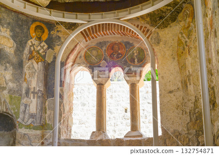 Medieval frescos in the St. Nicholas church in Myra. Demre, Antalya, Turkey. Byzantine wall-painting. History of religion and art concept. 132754871