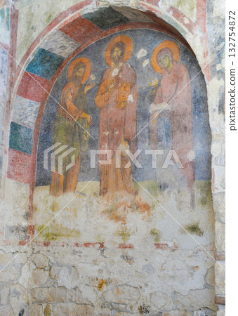 Wall frescoes in the ancient Church of St. Nicholas, located in the city of Demre, Myra, Turkey. 132754872