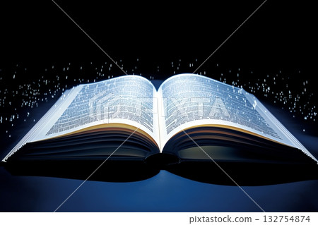 Illustration of an open book emitting mysterious glow on a dark reflective background 132754874