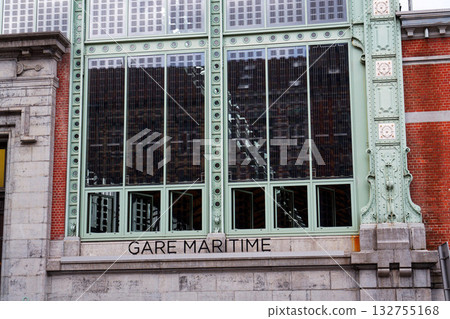 Solar panels integrated into windows on facade of the Gare Maritime former railway station on the Tour and Taxis site in Brussels, Belgium 132755168