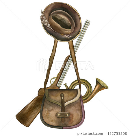Hunting composition. Hunting bag, rifle, hat, bugle. Watercolor illustrations. Hand-drawn. Isolated on a white background. For cards, scrapbooking and printing Hunting composition. Hunting bag, rifle, hat, bugle. Watercolor illustrations. Hand-drawn. Isolated on a white background. For cards, scrapbooking and printing 132755208