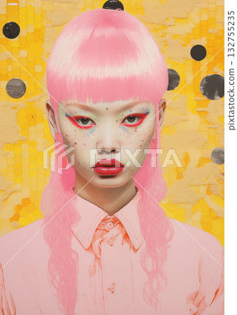 Fashion collage portrait of a model with pink hair and bold makeup against a bright background Fashion collage portrait of a model with pink hair and bold makeup against a bright background 132755235