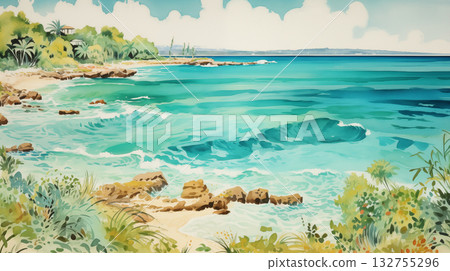 Watercolor tropical beach scene 132755296