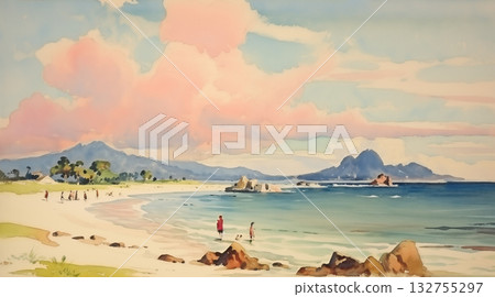 Tropical beach landscape with pink clouds and relaxin people 132755297