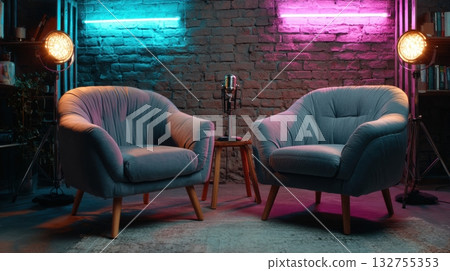 Modern podcast studio interior with two armchairs, microphones Modern podcast studio interior with two armchairs, microphones 132755353