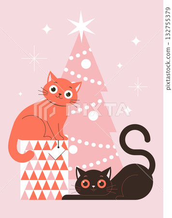 Christmas and New Year Greeting Card with Cats Christmas and New Year Greeting Card with Cats 132755379