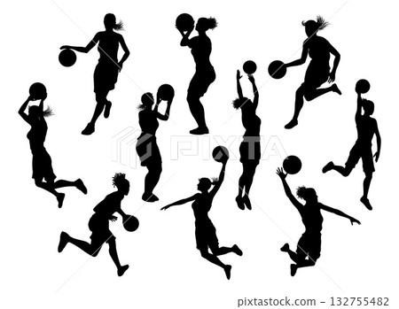Silhouette Woman Female Basketball Player Set 132755482