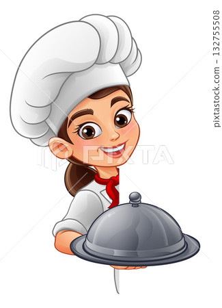 Cartoon Female Chef Peeking With Food Platter 132755508