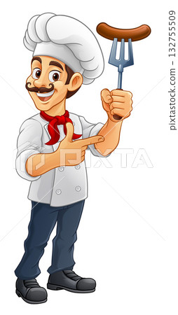 Chef Cook Cartoon Man Sausage Hot Dog Pointing 132755509
