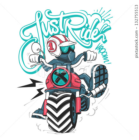 A man in a helmet riding a customized motorcycle. Just ride slogan t-shirt design. A man in a helmet riding a customized motorcycle. Just ride slogan t-shirt design. 132755513
