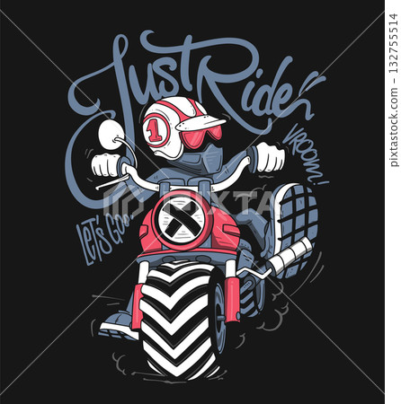 Cartoon Biker on Custom Motorcycle Just Ride Slogan Cartoon Biker on Custom Motorcycle Just Ride Slogan 132755514