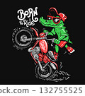 Crocodile doing a wheelie on a motorcycle, cartoon biker wearing a cap and sunglasses, perfect for t-shirt design 132755525