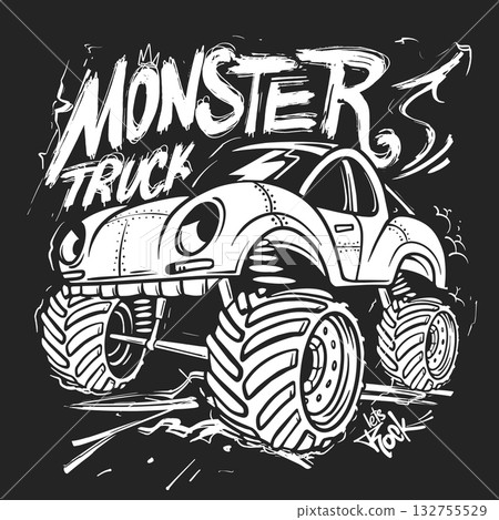 Monster truck graphic vector t-shirt design print. Adventurous vibes, ideal for motorsport fans and kids fashion Monster truck graphic vector t-shirt design print. Adventurous vibes, ideal for motorsport fans and kids fashion 132755529