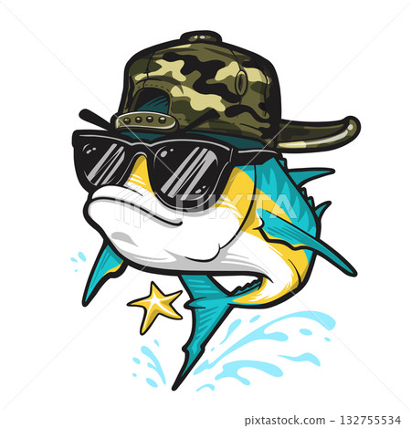 Yellowfin tuna fish cartoon mascot in cap and sunglasses, funny ocean character for t-shirt design 132755534