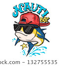 Yellowfin tuna fish cartoon mascot in cap and sunglasses, funny ocean character for t-shirt design 132755535