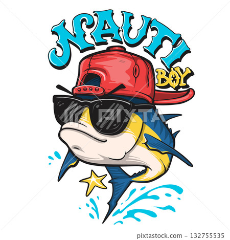 Yellowfin tuna fish cartoon mascot in cap and sunglasses, funny ocean character for t-shirt design Yellowfin tuna fish cartoon mascot in cap and sunglasses, funny ocean character for t-shirt design 132755535