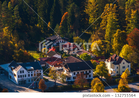 Tranquil lakes and red-roofed villages in the Bavarian valleys 132755564