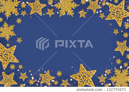 Christmas blue background with Christmas tree decorations with a golden snowflake and star. New Year and Christmas card. 132755671