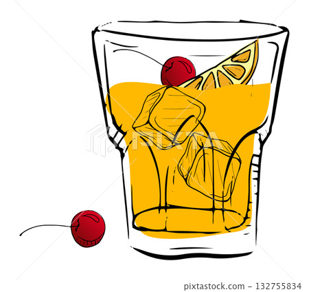 Vibrant cocktail with orange slice and cherry garnish Vibrant cocktail with orange slice and cherry garnish 132755834